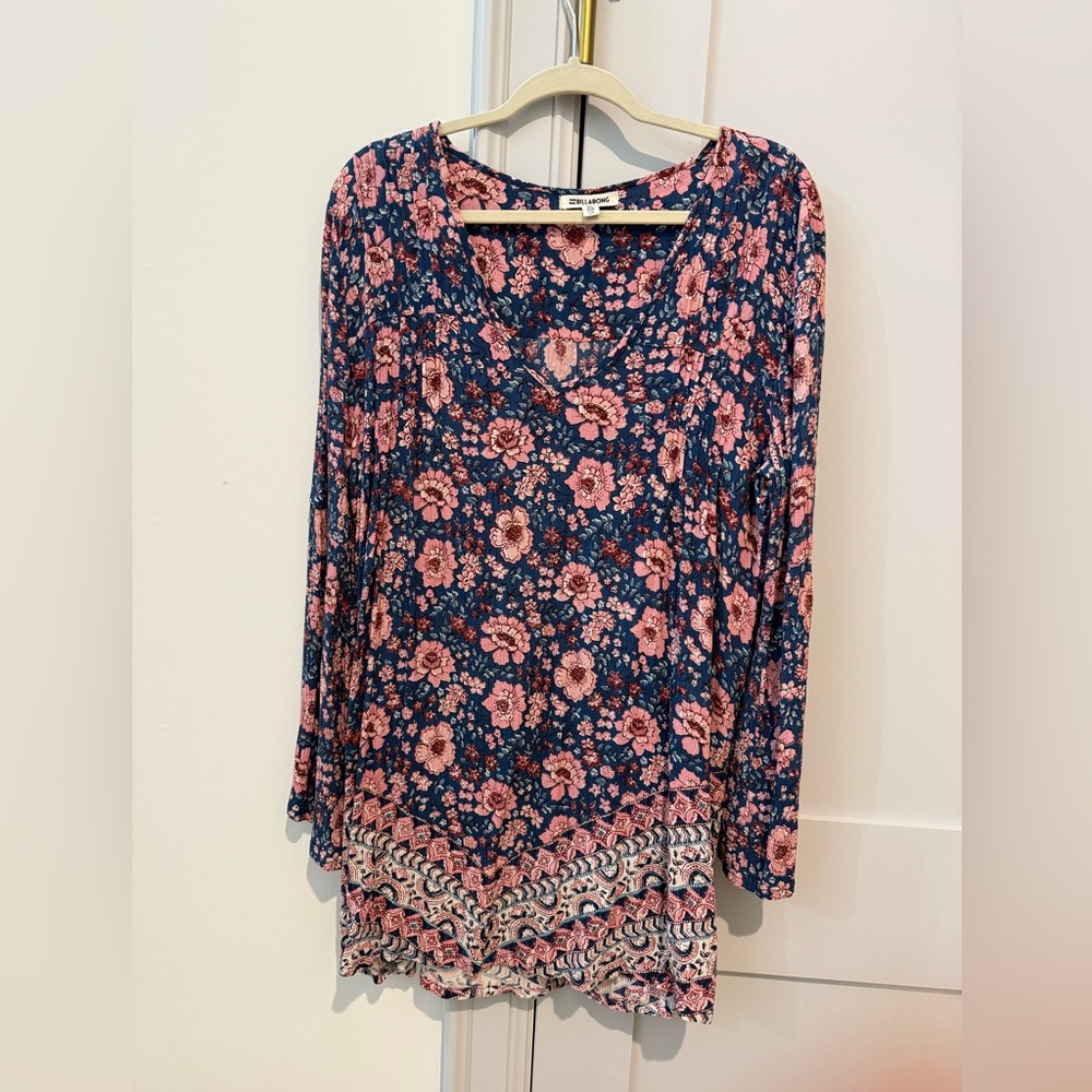 Billabong Basking Sun Boho Floral Dress. Long Sleeve Size L Made in India.